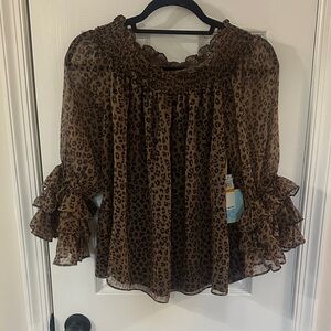 CeCe Brown Leopard Print Ruffle Blouse